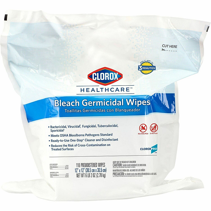 Clorox Healthcare Bleach Germicidal Wipes Refill Ready-To-Use - 12" Length x 12" Width - Anti-corrosive - White - 110/Tub - 200 / Pallet (30359PL)