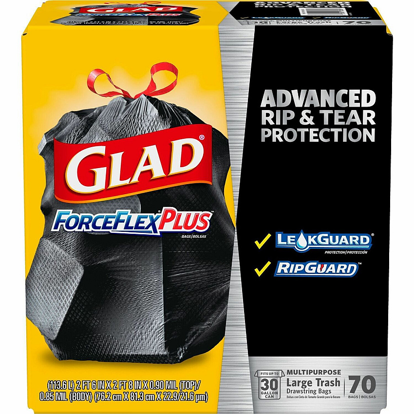 Glad Large Drawstring Trash Bags - ForceFlexPlus 30 gal Capacity - 1.05 mil (27 Micron) Thickness - Drawstring Closure - Black - Kitchen, Outdoor, Commercial, Office - 70/Box - 156 / Pallet (70358PL)