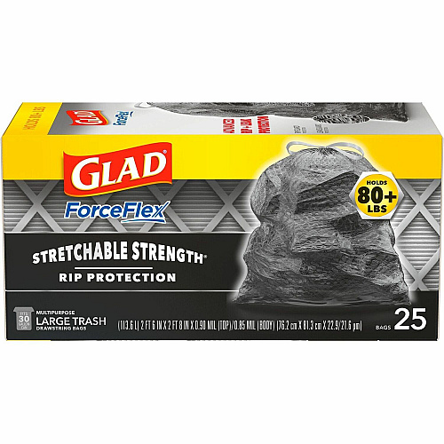 Glad ForceFlexPlus Large Drawstring Trash Bags Large Size - 30 gal Capacity - Drawstring Closure - Black - Home, Office, Can - 25/Box - 156 / Bundle (70359BD)