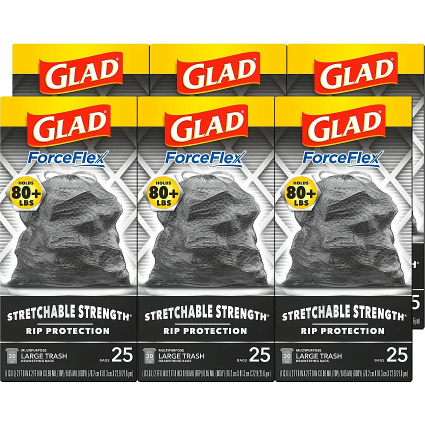 Glad ForceFlexPlus Large Drawstring Trash Bags Large Size - 30 gal Capacity - 0.90 mil (23 Micron) Thickness - Drawstring Closure - Black - Home, Office, Can - 25/Box - 6 / Carton (70359CT)