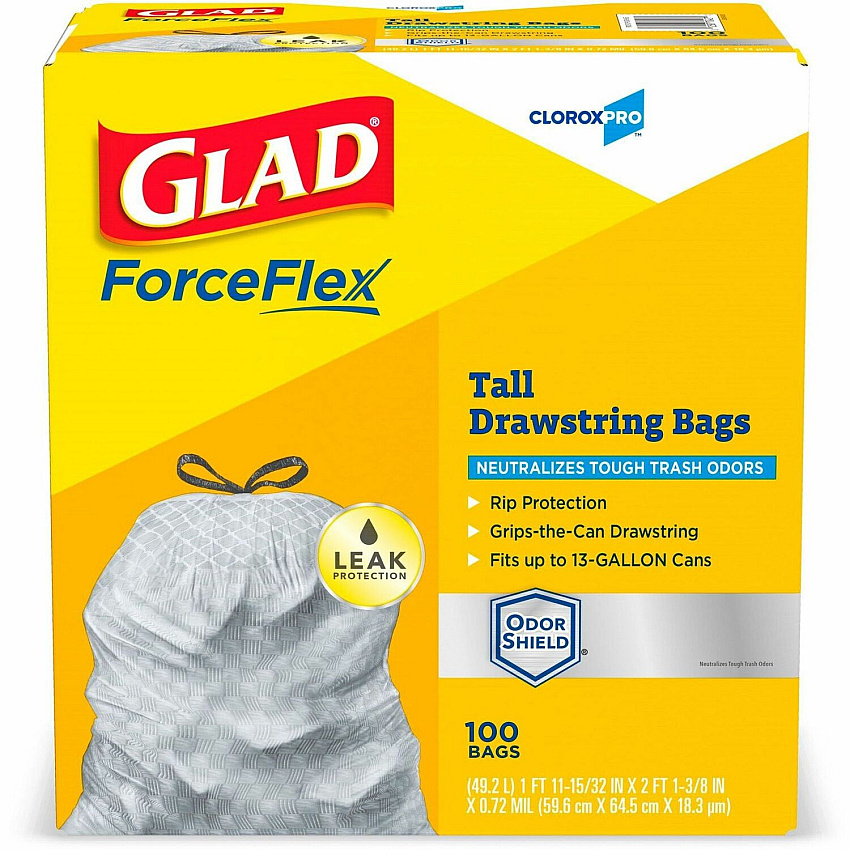 CloroxPro&trade; ForceFlex Tall Kitchen Drawstring Trash Bags 13 gal Capacity - 0.90 mil (23 Micron) Thickness - Drawstring Closure - Gray - Kitchen, Can, Office, Breakroom, School, Restaurant, Commercial, Cafeteria - 100/Box - 78 / Bundle (70427BD)