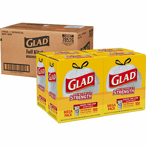 Glad ForceFlex Tall Kitchen Drawstring Trash Bags 13 gal Capacity - 27" Length x 24" Width x 9 mil (229 Micron) Thickness - Drawstring Closure - White - Plastic - Kitchen, Office, Day Care, Restaurant, School - 100/Box - 144 / Pallet (78526PL)