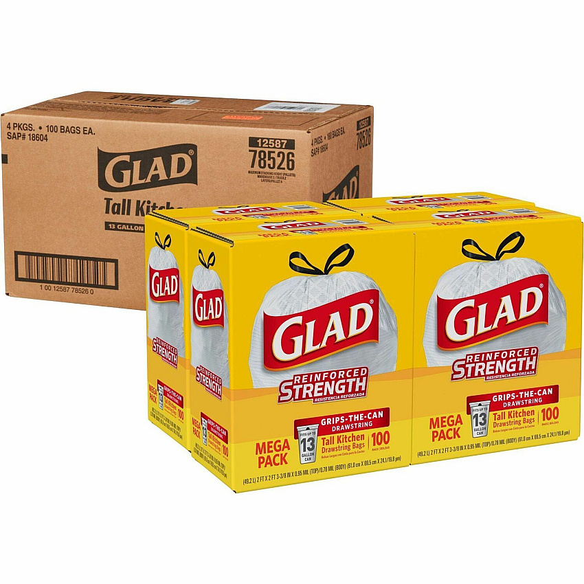 Glad ForceFlex Tall Kitchen Drawstring Trash Bags 13 gal Capacity - 27" Length x 24" Width x 9 mil (229 Micron) Thickness - Drawstring Closure - White - Plastic - Kitchen, Office, Day Care, Restaurant, School - 100/Box - 144 / Pallet (78526PL)
