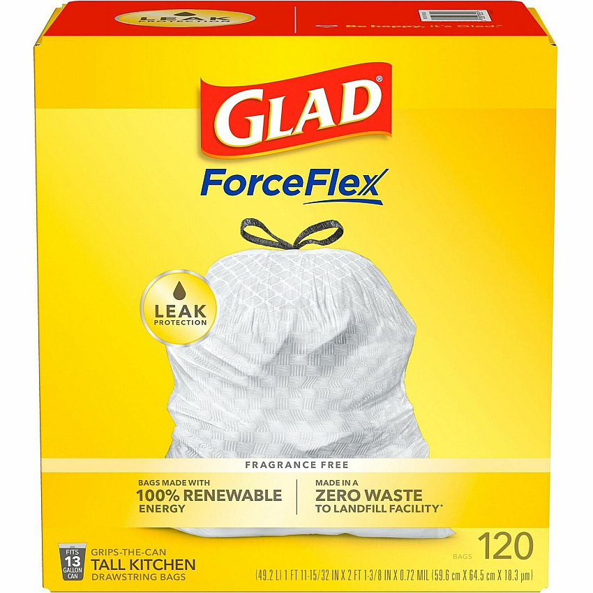Glad ForceFlex Tall Kitchen Drawstring Trash Bags 13 gal Capacity9 mil (229 Micron) Thickness - Drawstring Closure - White - Plastic - Kitchen, Home, Breakroom, Day Care, Garbage - 120/Box - 3 / Carton (78564CT)