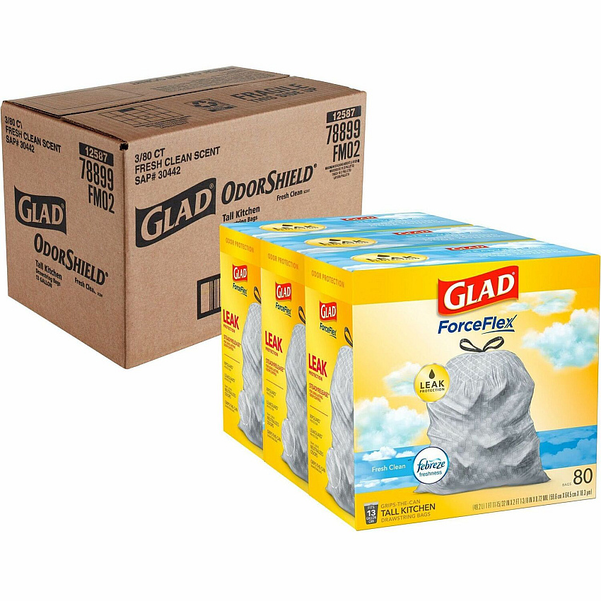 Glad ForceFlex Tall Kitchen Drawstring Trash Bags Fresh Clean with Febreze Freshness - 13 gal Capacity - 0.78 mil (20 Micron) Thickness - Drawstring Closure - White - Kitchen, Home, Office, Garbage, Breakroom, Cafeteria, School, Restaurant, Comm (78899PL)