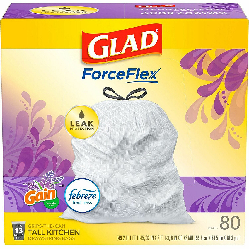Glad ForceFlex Tall Kitchen Drawstring Trash Bags Gain Lavender with Febreze Freshness - 13 gal Capacity - 27.36" Length x 24.02" Width x 0.78 mil (20 Micron) Thickness - Drawstring Closure - White - Kitchen, Garbage, Office - 80/Box - 120 / Bun (78902BD)