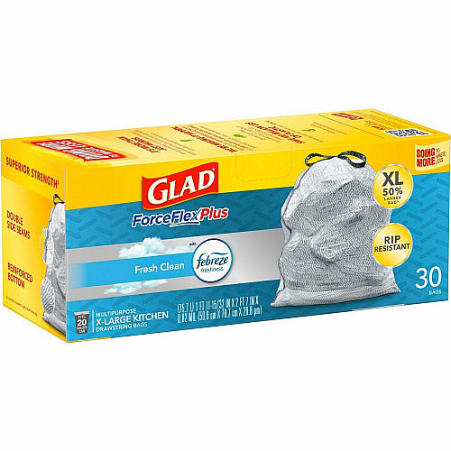 Glad ForceFlexPlus X-Large Kitchen Drawstring Bags Fresh Clean with Febreze Freshness - Large Size - 20 gal Capacity - 32.01" Length x 24.02" Width - Drawstring Closure - Gray - Home, Office, Garbage, Kitchen - 30/Box - 180 / Bundle (78913BD)