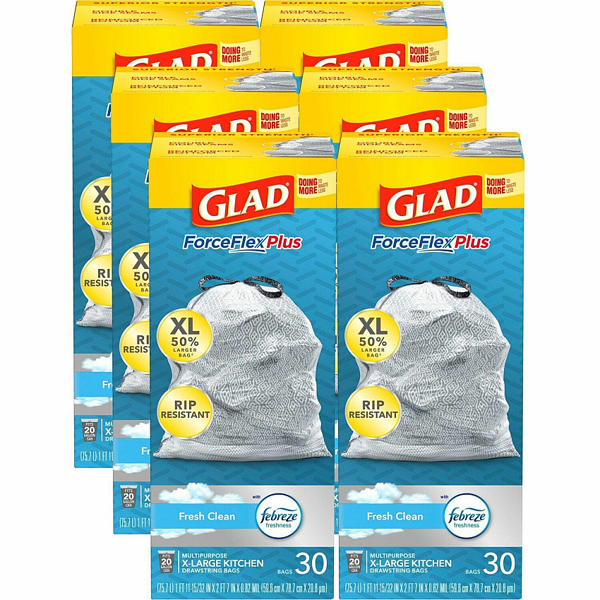 Glad ForceFlexPlus X-Large Kitchen Drawstring Bags Fresh Clean with Febreze Freshness - Large Size - 20 gal Capacity - 32.01" Length x 24.02" Width - Drawstring Closure - Gray - Home, Garbage, Office, Kitchen - 30/Box - 6 / Carton (78913CT)