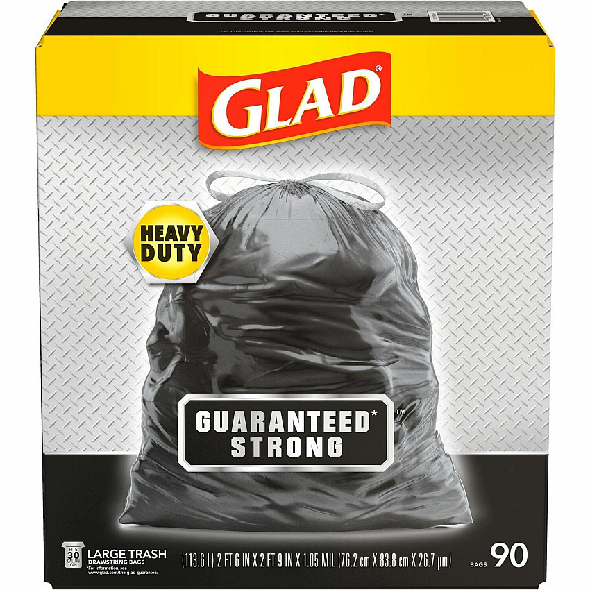Glad Large Drawstring Trash Bags Large Size - 30 gal Capacity - 32.99" Length x 30" Width x 1.05 mil (27 Micron) Thickness - Drawstring Closure - Black - Plastic - Garbage, Indoor, Outdoor - 90/Box - 68 / Pallet (78952PL)