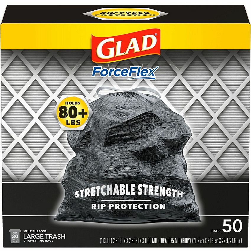 Glad ForceFlexPlus Drawstring Large Trash Bags Large Size - 30 gal Capacity - 32.01" Length x 30" Width x 0.90 mil (23 Micron) Thickness - Drawstring Closure - Black - Garbage, Indoor, Outdoor, Home, Office, Restaurant, Commercial - 50/Box - 78  (78997BD)