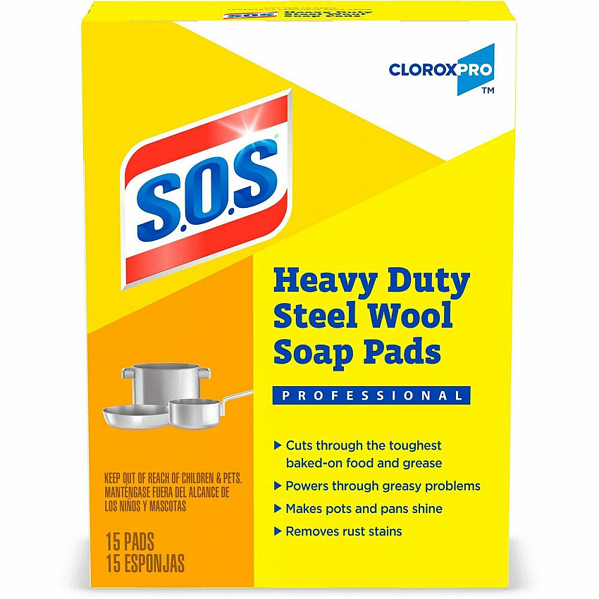S.O.S. S.O.S Steal Wool Soap Pads 4" Length x 5" Width - Heavy Duty - Gray, Blue - 15/Box - 240 / Bundle (88320BD)