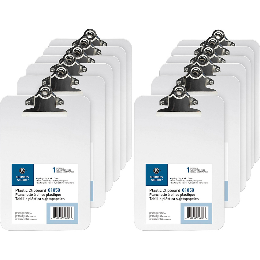 Business Source Plastic Clipboard 6" x 9" Sheet Size - Spring Clip - Plastic - Clear - 12 / Box (BSN01858BX)