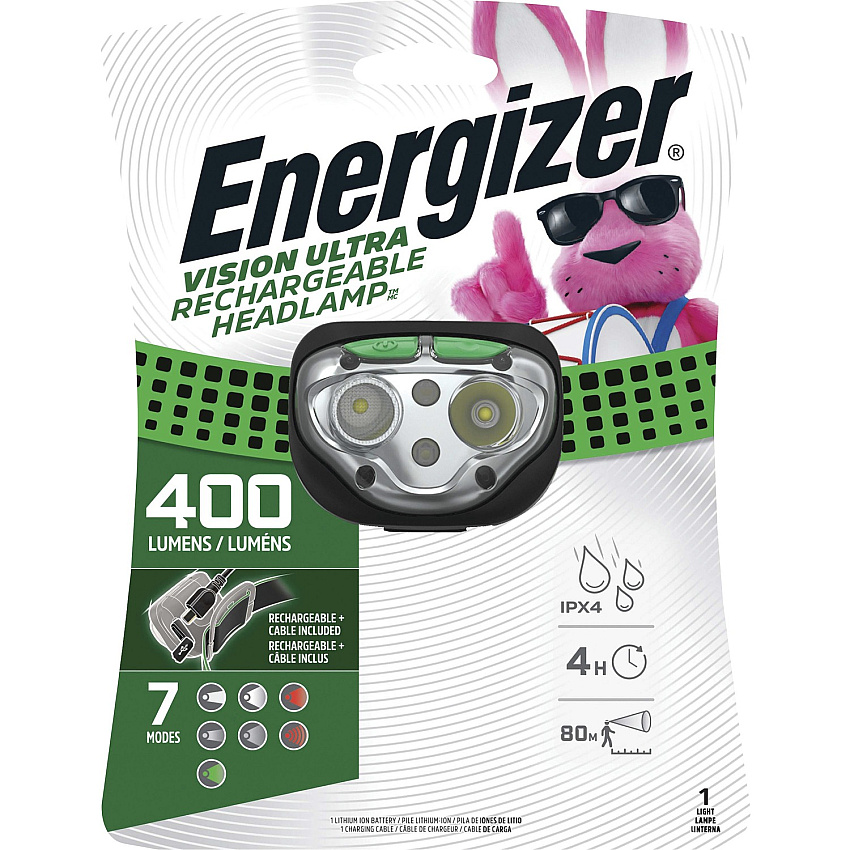 Energizer Vision Ultra HD Rechargeable Headlamp (Includes USB Charging Cable) LED - 400 lm Lumen - Battery Rechargeable - Battery, USB - Water Resistant, Drop Resistant - Green - 1 Each (ENHDFRLP)