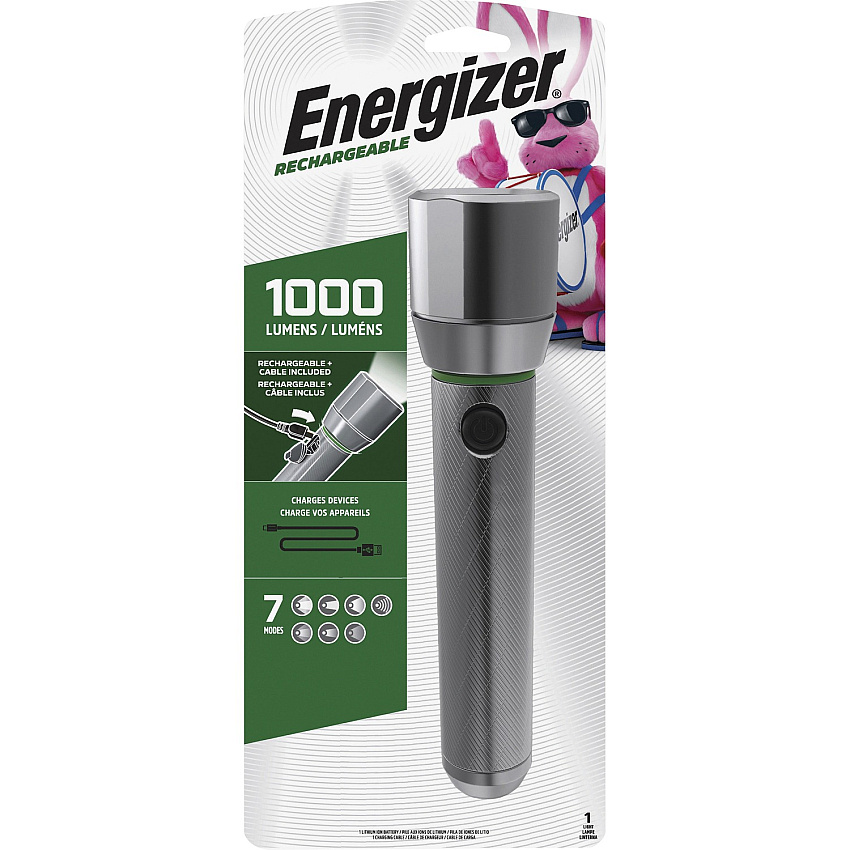Energizer Vision HD Rechargeable LED Flashlight LED - 1000 lm Lumen - Battery Rechargeable - Battery, USB - Aluminum Alloy - Drop Resistant, Impact Resistant - Aluminum - 1 Each (ENPMHRL7)