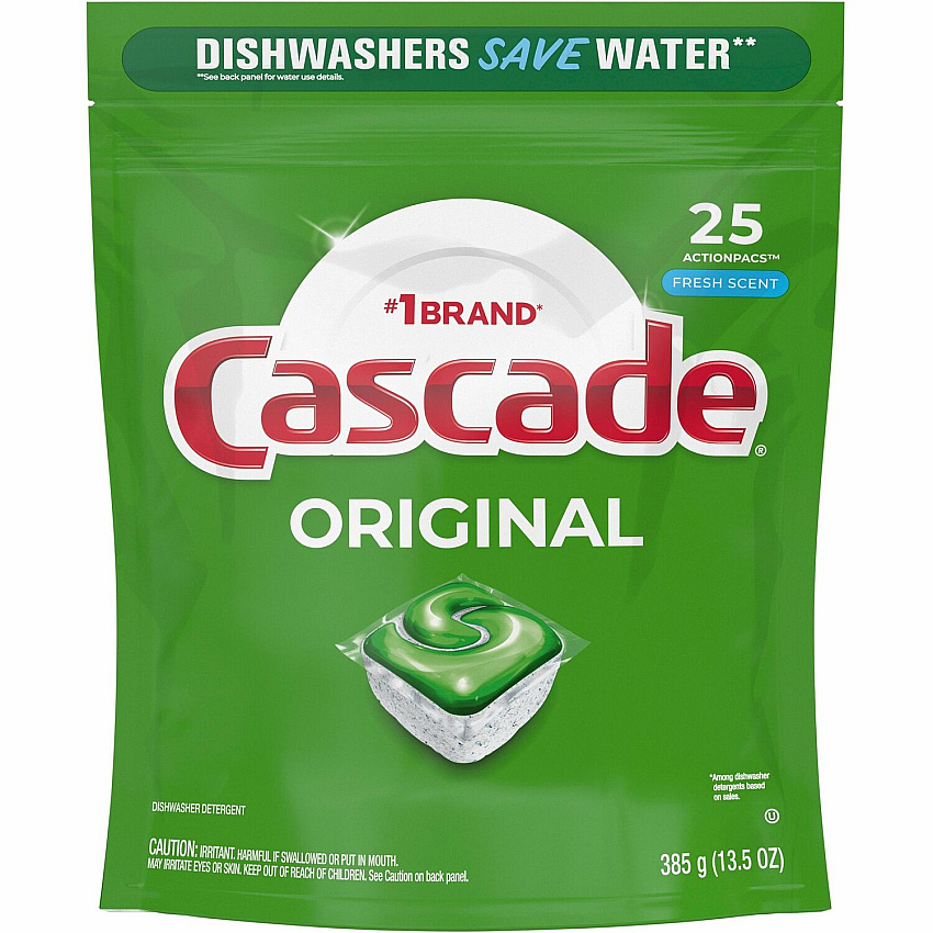 Cascade ActionPacs Original Dish Detergent For Dishwasher - Fresh Scent - No-mess, Easy to Use, Phosphate-free - White, Green - 25 / Pack (80675)