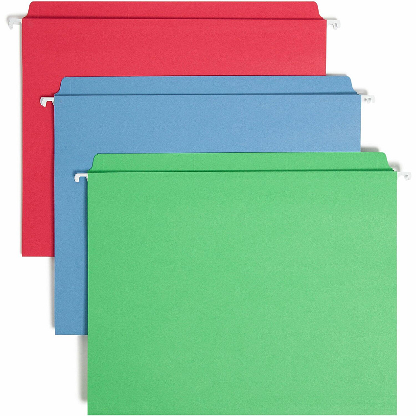 Smead FasTab Straight Tab Cut Letter Recycled Hanging Folder 8 1/2" x 11" - Assorted Tab Position - 11 pt. - Blue, Green, Red - 10% Recycled - 18 / Box (64100)