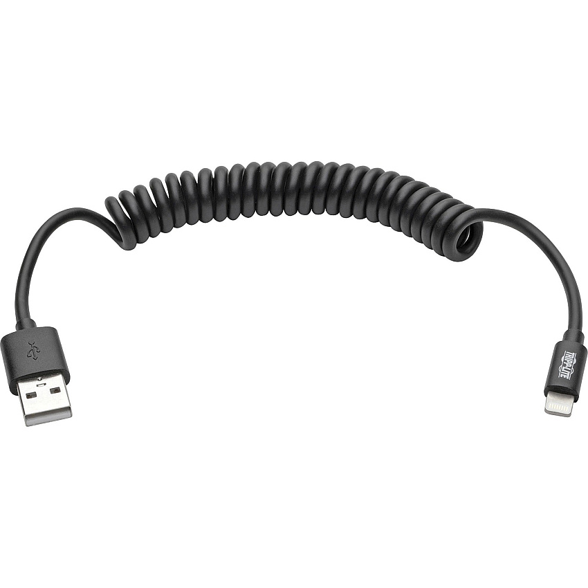 Tripp Lite by Eaton Lightning Connector USB Coiled Cable 4 ft Lightning/USB Data Transfer Cable for Desktop Computer, iPhone, iPad, iPod, Notebook, Charger - First End: Lightning - Second End: USB Type A - Nickel Plated Connector - Black -  (M100004COILB)