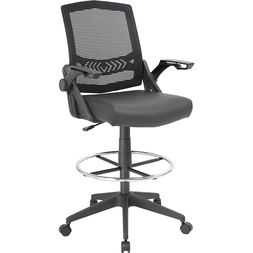 Boss Black Flip Arm Mesh Drafting Stool Black Seat Color - Black Back Color - Mesh Back Material - Armrest - 1 Each (B16223BK)