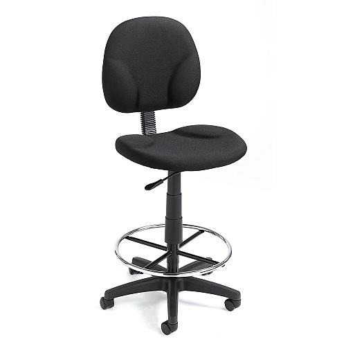 Boss Stand Up Fabric Drafting Stool with Foot Rest, Black Black Seat Color - Crepe Fabric Seat Material - Black Back Color - Crepe Fabric Back Material - 5-star Base - 1 Each (B1690BK)
