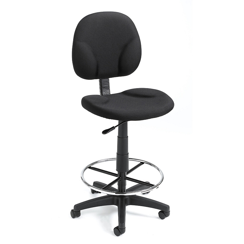 Boss Stand Up Fabric Drafting Stool with Foot Rest, Black Black Seat Color - Crepe Fabric Seat Material - Black Back Color - Crepe Fabric Back Material - 5-star Base - 1 Each (B1690BK)