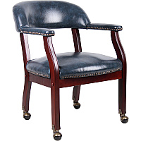 Boss Captain's Chair In Blue Vinyl with Casters Blue Seat Color - Vinyl Seat Material - Blue Back Color - Vinyl Back Material - Mahogany Frame Color - Hardwood Frame Material - Four-legged Base - 1 Each (B9545BE)