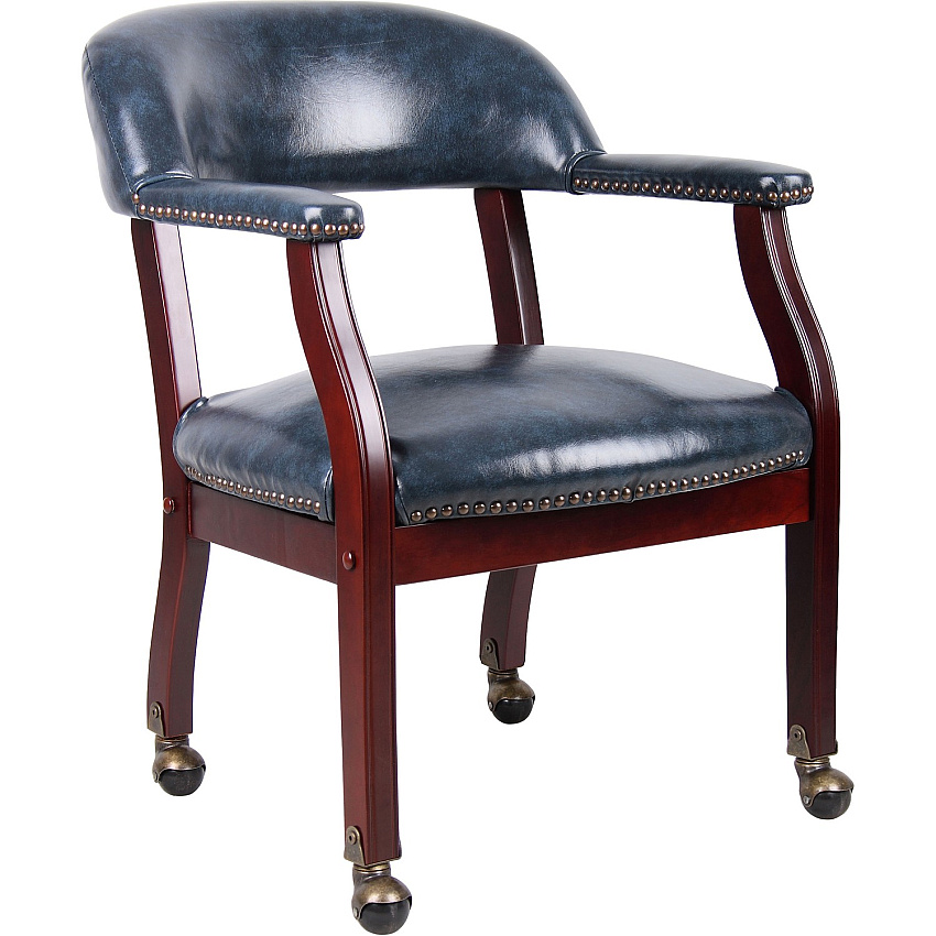 Boss Captain's Chair In Blue Vinyl with Casters Blue Seat Color - Vinyl Seat Material - Blue Back Color - Vinyl Back Material - Mahogany Frame Color - Hardwood Frame Material - Four-legged Base - 1 Each (B9545BE)