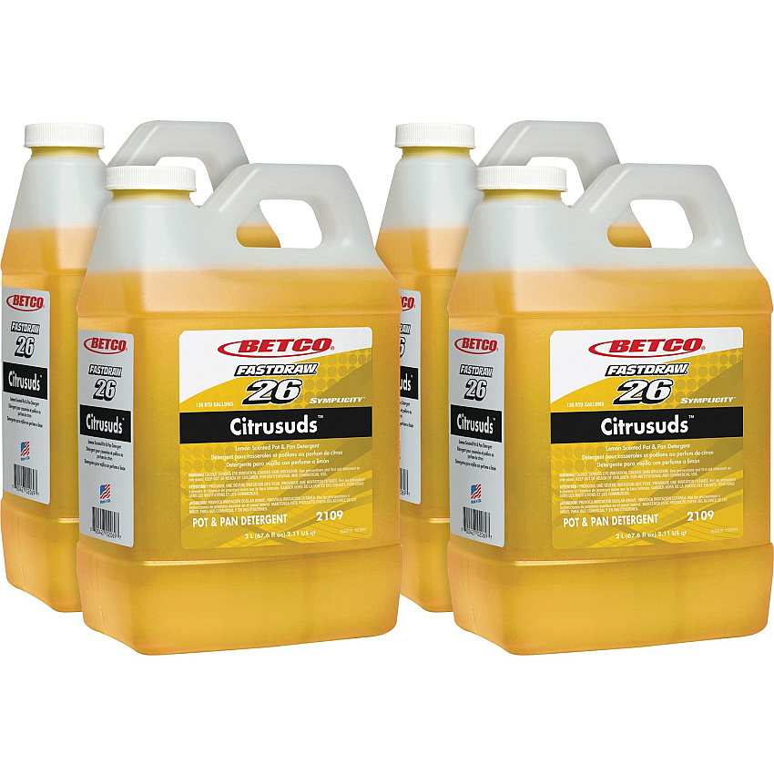 Betco Symplicity Citrusuds Pot/Pan Detergent - FASTDRAW 26 Concentrate - 67.6 fl oz (2.1 quart) - Lemon Scent - Heavy Duty, Spill Proof, Phosphate-free - Yellow - 4 / Carton (21094700CT)