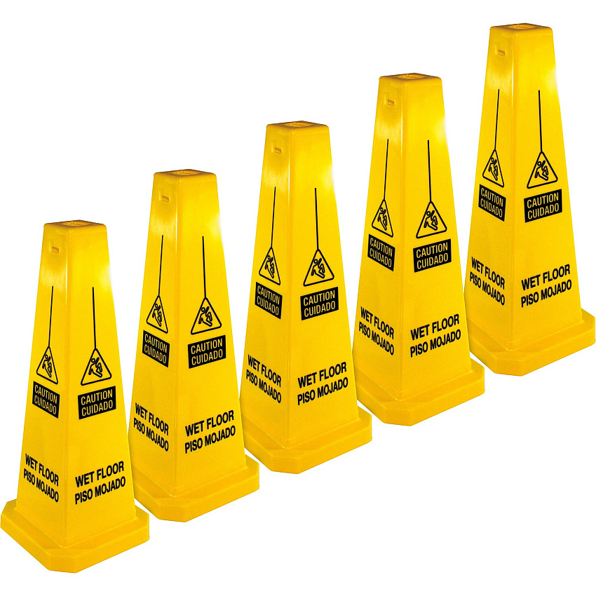 Genuine Joe Bright 4-sided Caution Safety Cone English, Spanish - 10" Width x 24" Height x 10" Depth - Cone Shape - Stackable - Industrial - Polypropylene - Yellow - 5 / Carton (GJO58880CT)