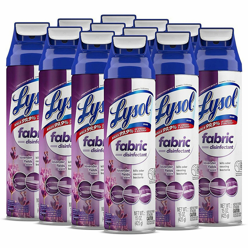 Lysol&reg; Fabric Disinfectant Spray, Lavender Fields, 15 oz., 12 Cans 15 fl oz (0.5 quart) - Lavender Fields Scent - Soft, Deodorize - Clear - 12 / Carton (94121CT)