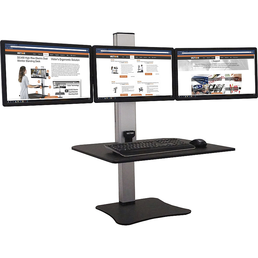 Victor High Rise Electric Triple Monitor Standing Desk 23" to 34" Screen Support - 37.50 lb Load Capacity - 20" Height x 28" Width x 23" Depth - Desktop, Tabletop - High Pressure Laminate (HPL) - Wood, Steel, Aluminum - Black, Aluminum (DC475)