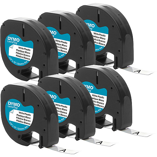 Dymo LetraTag Labelmaker Plastic Labels 1/2" Width - White - Plastic - 6 / Pack (2050823)