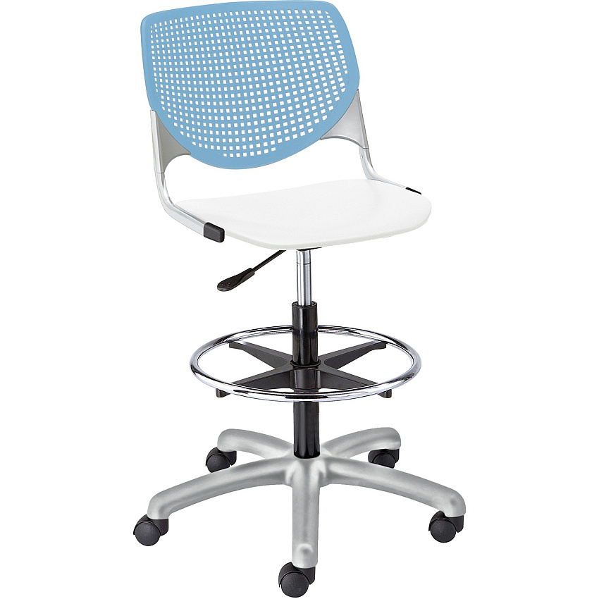 KFI Kool Stool With Perforated Back White Seat Color - Polypropylene Seat Material - Sky Blue Back Color - Polypropylene, Aluminum Alloy Back Material - Powder Coated Silver Frame Color - Tubular Steel Frame Material - 5-star Base - 1 Each (DS2300B35S8)