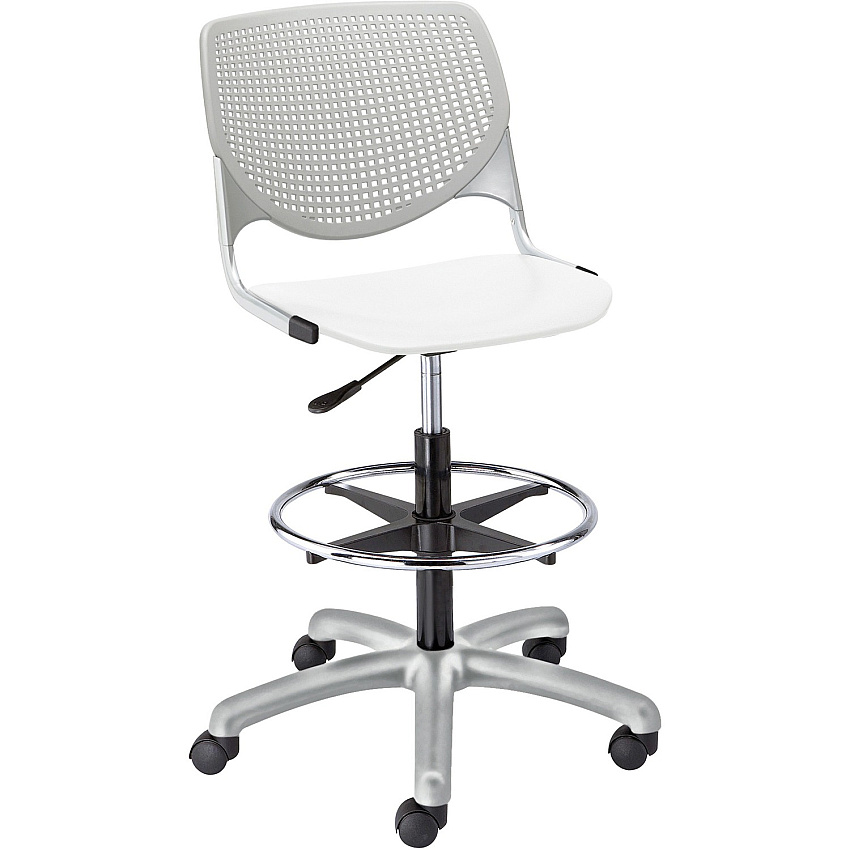 KFI Kool Stool With Perforated Back White Seat Color - Polypropylene Seat Material - Light Gray Back Color - Polypropylene, Aluminum Alloy Back Material - Powder Coated Silver Frame Color - Tubular Steel Frame Material - 5-star Base - 1 Each (DS2300B13S8)