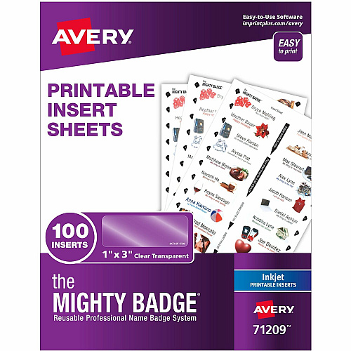 The Mighty Badge by Avery The Mighty Badge&reg; by Avery&reg; The Mighty Badge Printable Insert Sheets, 100 Clear Inserts, Inkjet 1" x 3" - Printable, Non-adhesive, Reusable, Easy Peel - Clear - 100 / Pack (71209)