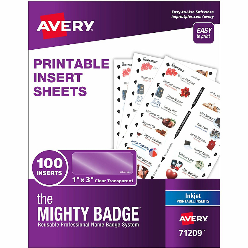The Mighty Badge by Avery The Mighty Badge&reg; by Avery&reg; The Mighty Badge Printable Insert Sheets, 100 Clear Inserts, Inkjet 1" x 3" - Printable, Non-adhesive, Reusable, Easy Peel - Clear - 100 / Pack (71209)