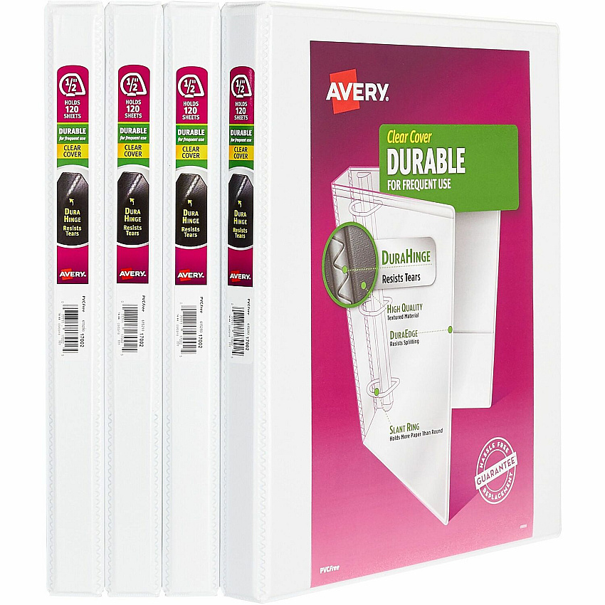 Avery&reg; Durable View 3 Ring Binders 1/2" Binder Capacity - Letter - 8 1/2" x 11" Sheet Size - 135 Sheet Capacity - 3 Ring(s) - Fastener(s): Slant Ring - Pocket(s): 2, Internal - Polypropylene - White - Recycled - Durable, Flexible, Pocket, PVC- (03362)