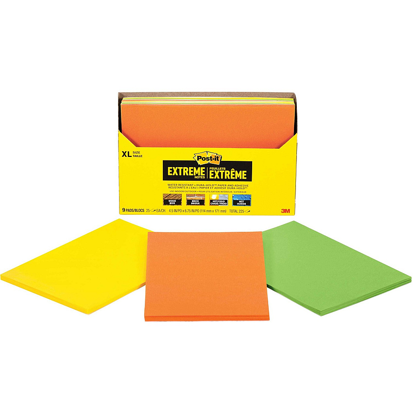 Post-it&reg; Extreme Notes 4.50" x 6.75" - Rectangle - 25 Sheets per Pad - Yellow, Orange, Green - Water Resistant - 9 / Pack (XT4569CT)