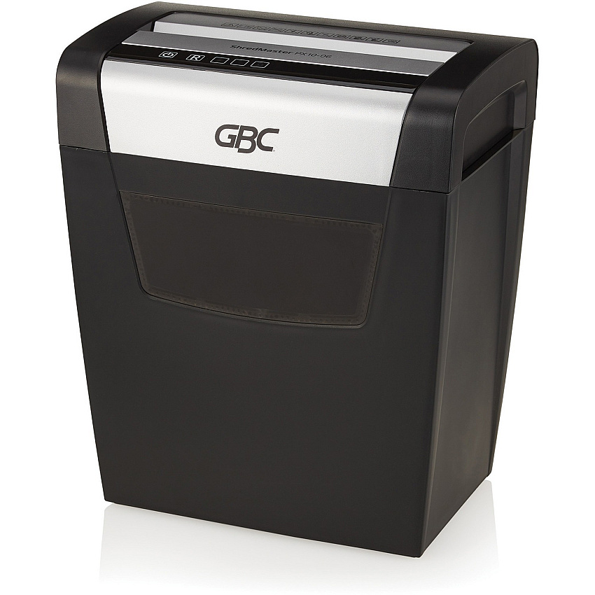 GBC ShredMaster PX10-06 Super Cross-Cut Paper Shredder Non-continuous Shredder - Super Cross Cut - 10 Per Pass - for shredding Staples, Paper Clip - P-4 - 5.90 ft/min - 9" Throat - 6 Minute Run Time - 6 gal Wastebin Capacity - Black, Chrome (1757405)