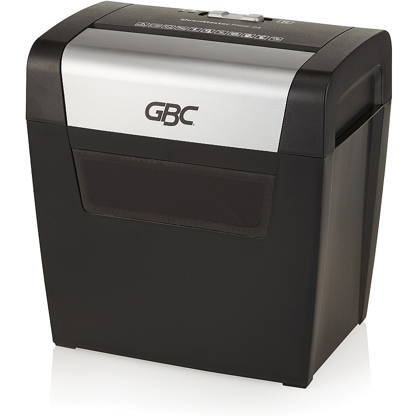GBC ShredMaster PX08-04 Cross-Cut Paper Shredder Non-continuous Shredder - Super Cross Cut - 8 Per Pass - for shredding Staples, Paper Clip - P-3 - 5.90 ft/min - 9" Throat - 3 Minute Run Time - 3.96 gal Wastebin Capacity - Black, Chrome (1757404)