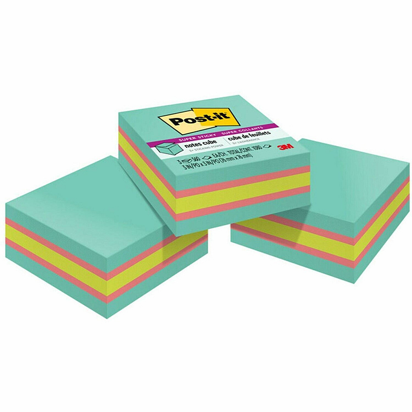 Post-it&reg; Super Sticky Notes Cube 3" Flag/Note Width x 3" Flag/Note Length - Square - Aqua Splash, Sunnyside, Power Pink - 3 / Pack (2027SSAFG3PK)