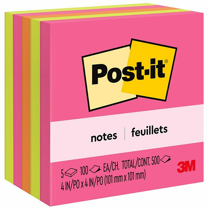 Post-it&reg; Notes - Poptimistic Color Collection 4" Flag/Note Width x 4" Flag/Note Length - Square - 100 Sheets per Pad - Fuchsia, Neon Green, Neon Orange - Repositionable, Self-adhesive - 5 / Pack (6755AN)