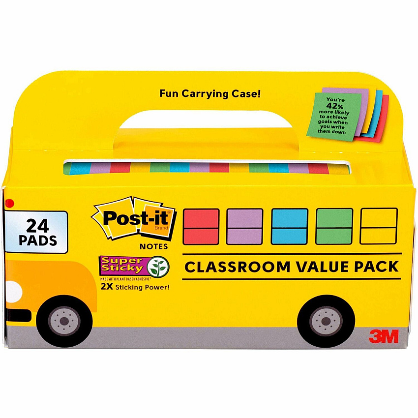 Post-it&reg; Super Sticky Notes Bus Cabinet Pack 3" Flag/Note Width x 3" Flag/Note Length - Square - 70 Sheets per Pad - Iris, Electric Blue, Evergreen, Yellow, Candy Red - Sticky, Recyclable, Adhesive, Reusable - 24 / Pack (65424SSBUS)