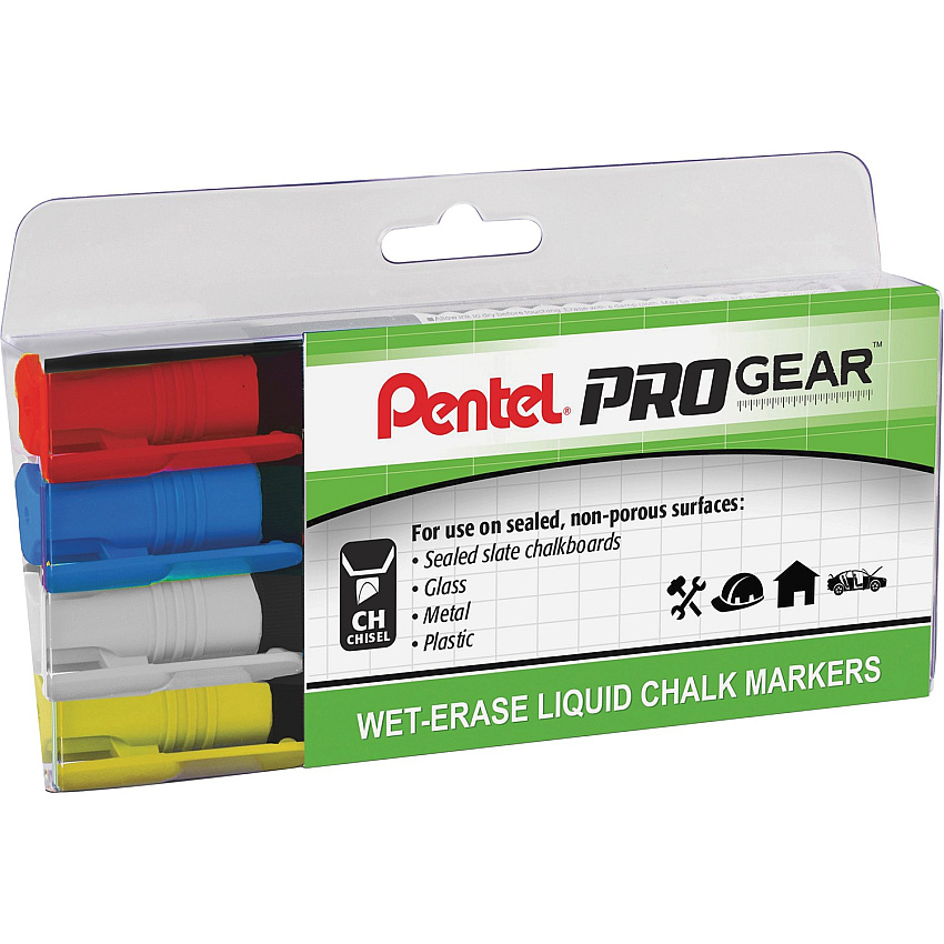 Pentel PROGear Wet-Erase Liquid Chalk Marker Chisel Marker Point - Chalk-based - 4 / Pack (SMW26PGPC4M1)