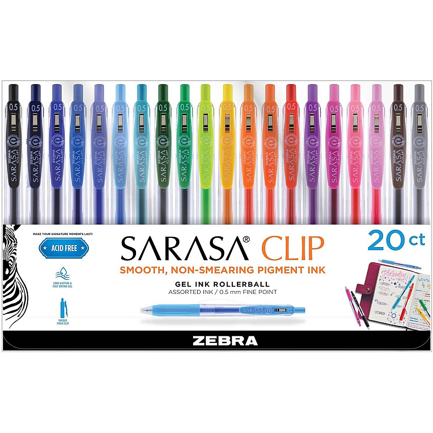 Zebra Pen SARASA Clip Retractable Gel Pen 0.5 mm Medium Pen Point - Retractable - Water Based - 20 / Pack (47220)