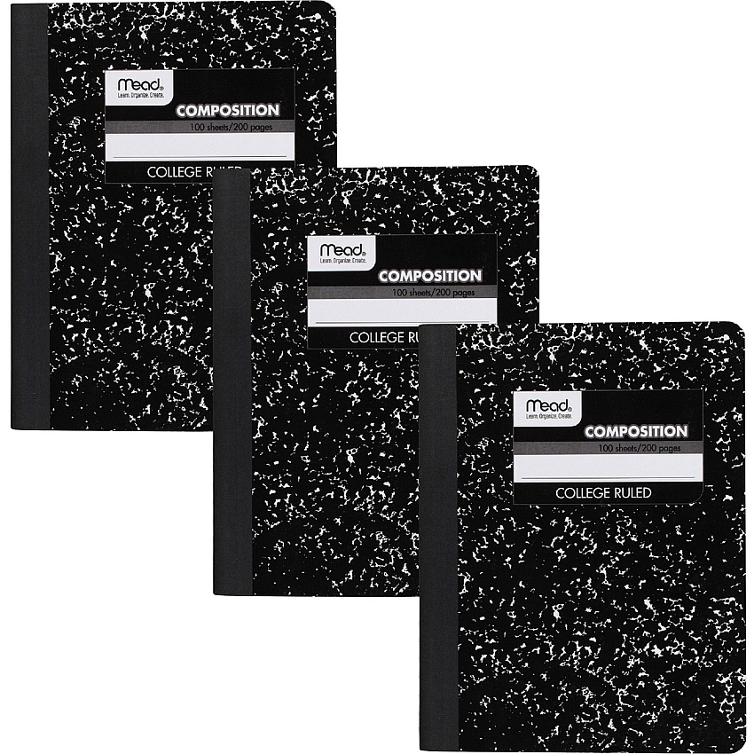 Mead College Ruled Comp Book 100 Sheets - Sewn - 9 3/4" x 7 1/2" Sheet Size - 9" Height x 7" Width x 0.5" Length - White Paper - Black Marble Cover - Multiplication Table, Conversion Table, Sturdy Cover, Class Schedule - 3 / Pack (38111)
