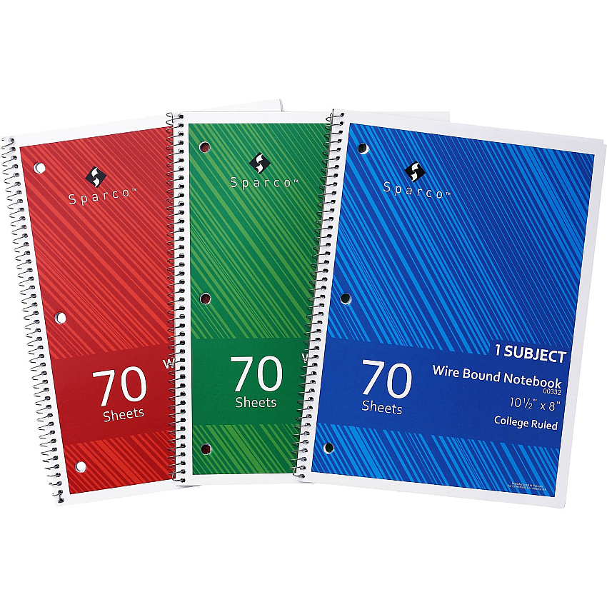 Sparco College Ruled Wire-bound Notebook Wire Bound - 3 Hole(s) - 0.25" Height x 8" Width x 10.5" Length - Stiff-cover, Stiff-back, Perforated - 3 / Pack (00332)