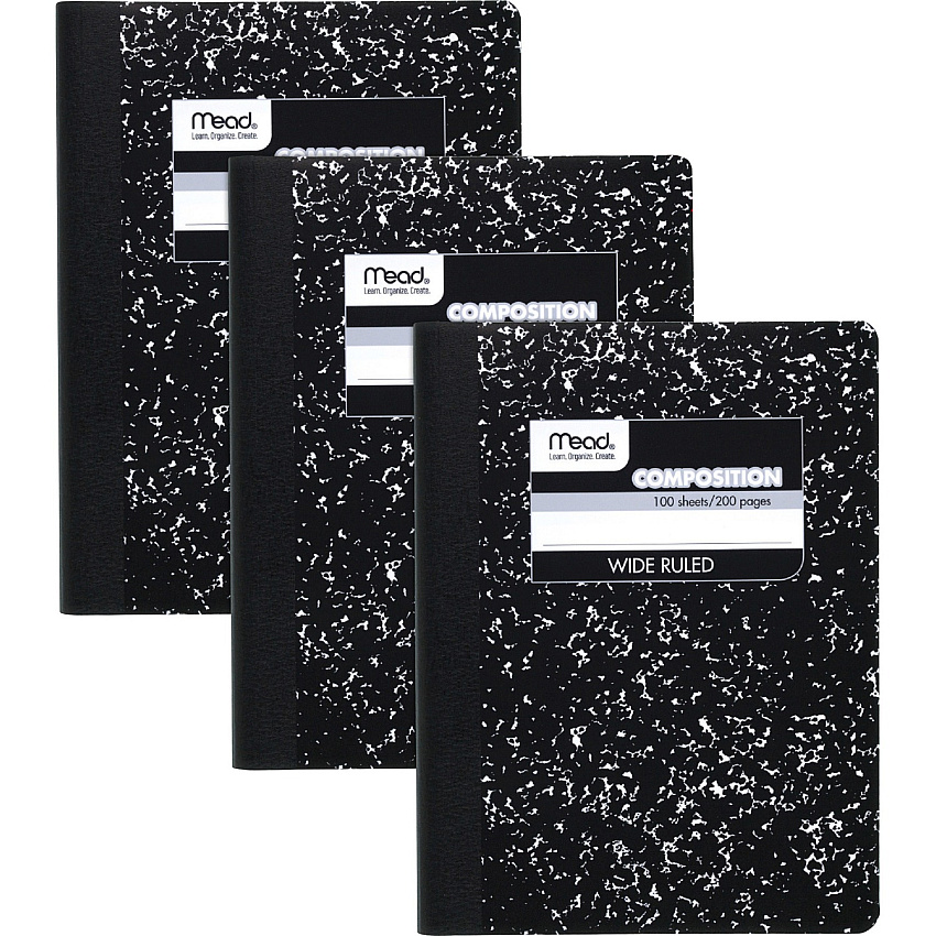 Mead Wide Ruled Comp Book 100 Sheets - 100 Pages - Sewn - 9 3/4" x 7 1/2" Sheet Size - 9" Height x 7" Width x 0.5" Length - Black Marble Cover - Multiplication Table, Conversion Table, Reference Page - 3 / Pack (38301)