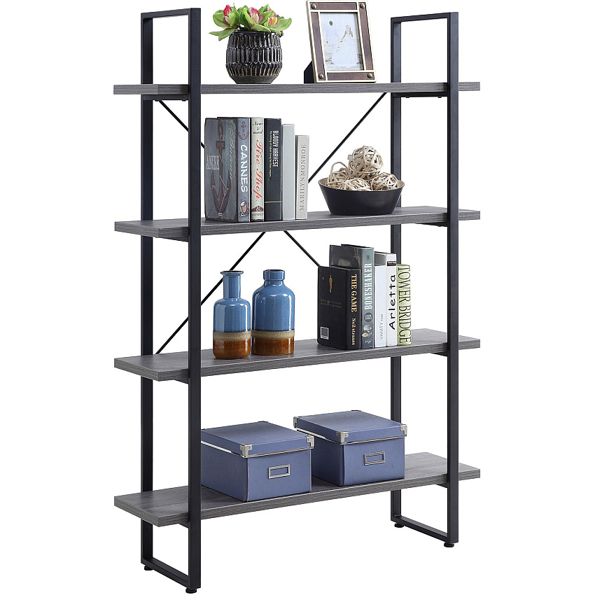 Lorell SOHO Rustic Metal Frame Bookcase 57.5" Height x 39.4" Width x 11.8" Depth - 4 Shelve(s) - Band Edge - Finish: Charcoal - Sturdy, Durable (LLR97620)