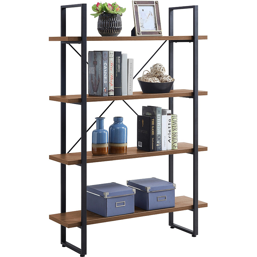 Lorell SOHO Rustic Metal Frame Bookcase 57.5" Height x 39.4" Width x 11.8" Depth - 4 Shelve(s) - Band Edge - Finish: Walnut - Sturdy, Durable (LLR97619)
