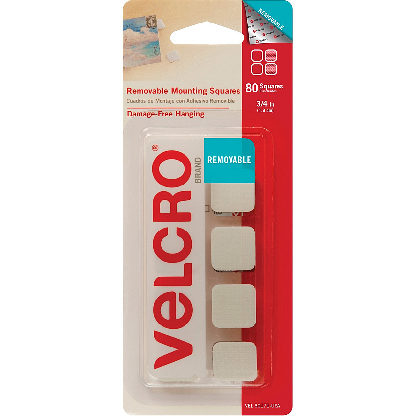 VELCRO&reg; Removable Mounting Tape 0.75" Length x 0.75" Width - White - 80 / Pack (30171)